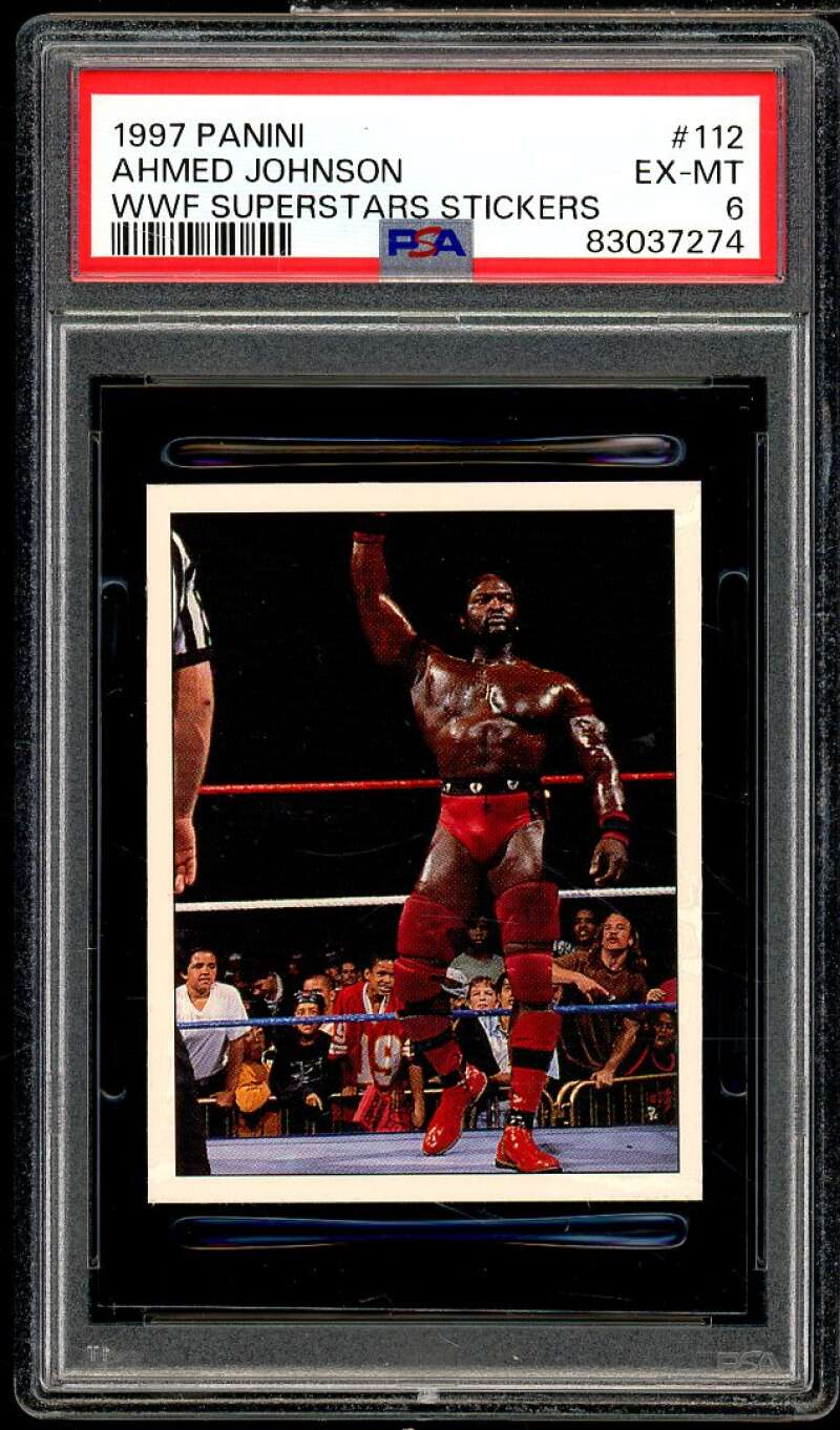 Ahmed Johnson Card 1997 Panini WWF Superstars Stickers #112 PSA 6 Image 1