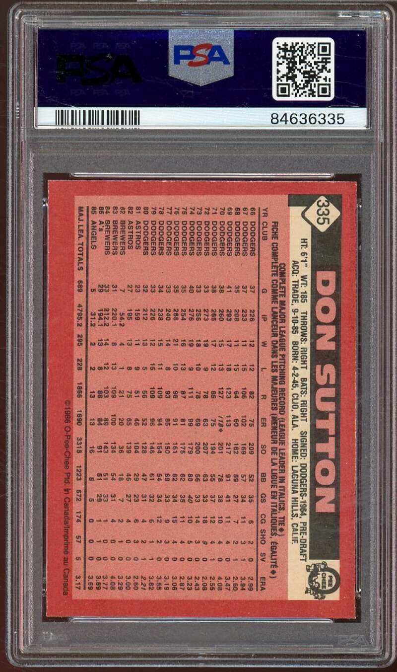 Don Sutton Card 1986 O-Pee-Chee #335 PSA 8 Image 2