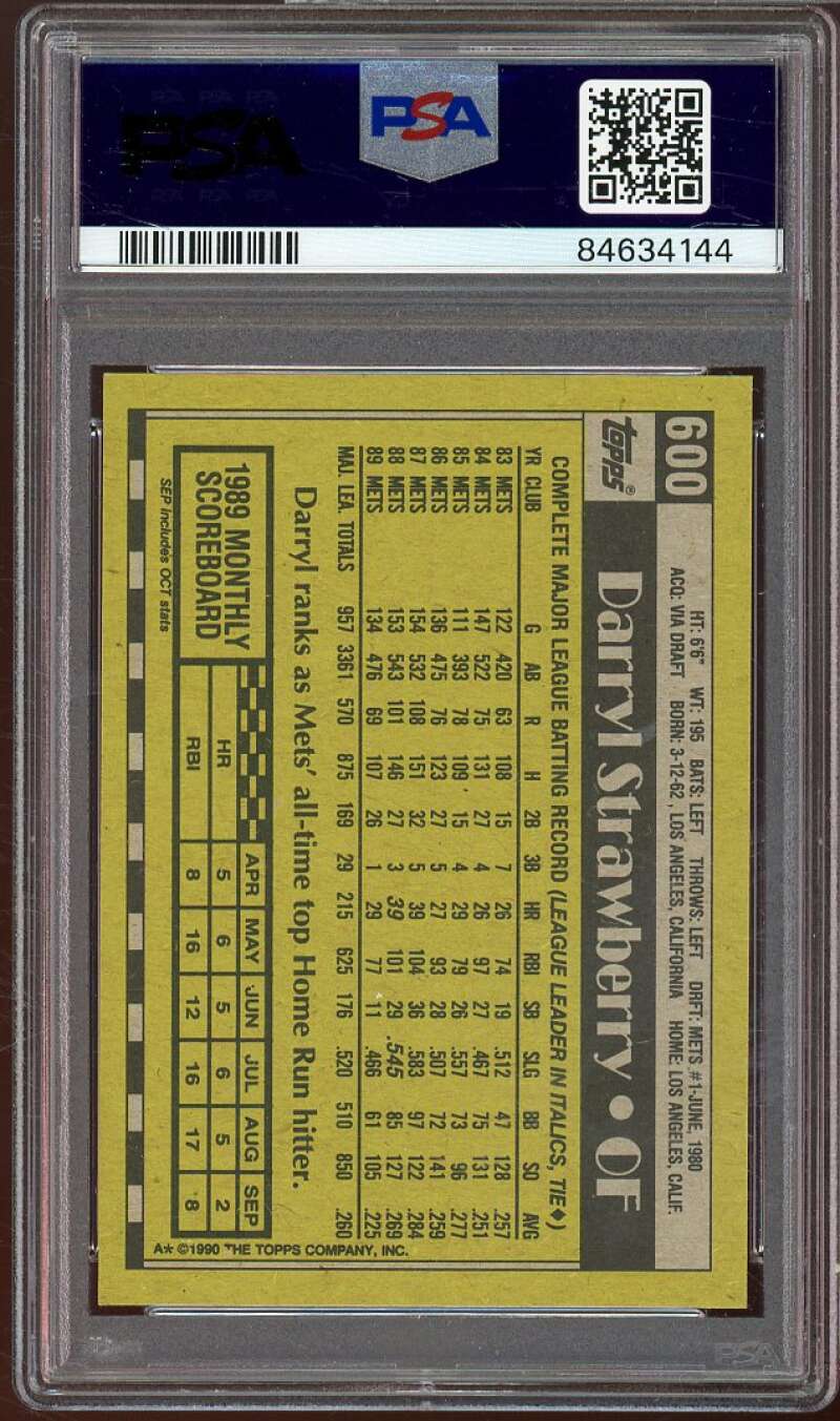 Darryl Strawberry Card 1990 Topps #600 PSA 8 Image 2