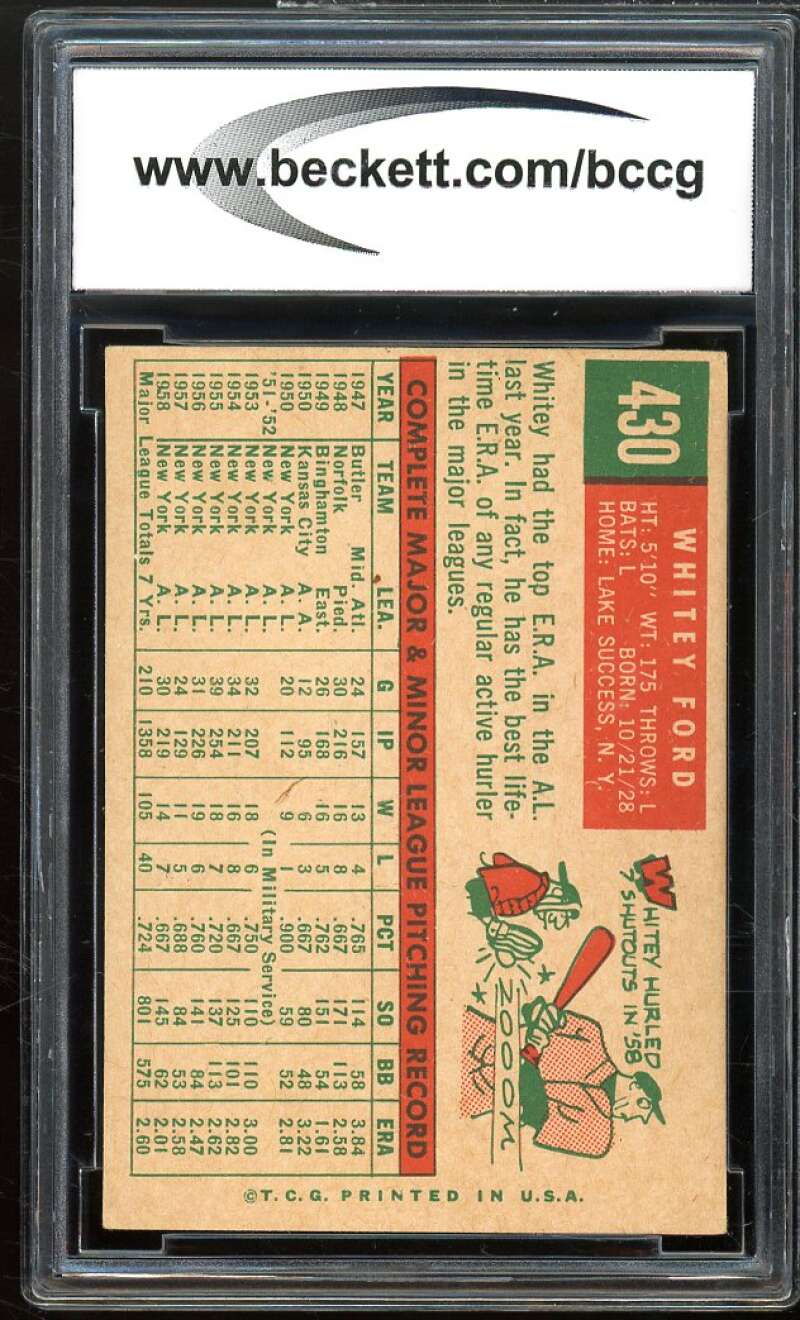 1959 Topps #430 Whitey Ford Card BGS BCCG 8 Excellent+ Image 2