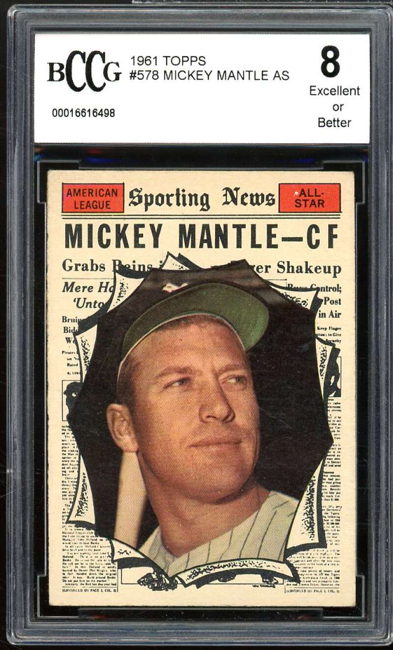 1961 Topps #578 Mickey Mantle All Star Card BGS BCCG 8 Excellent+ Image 1