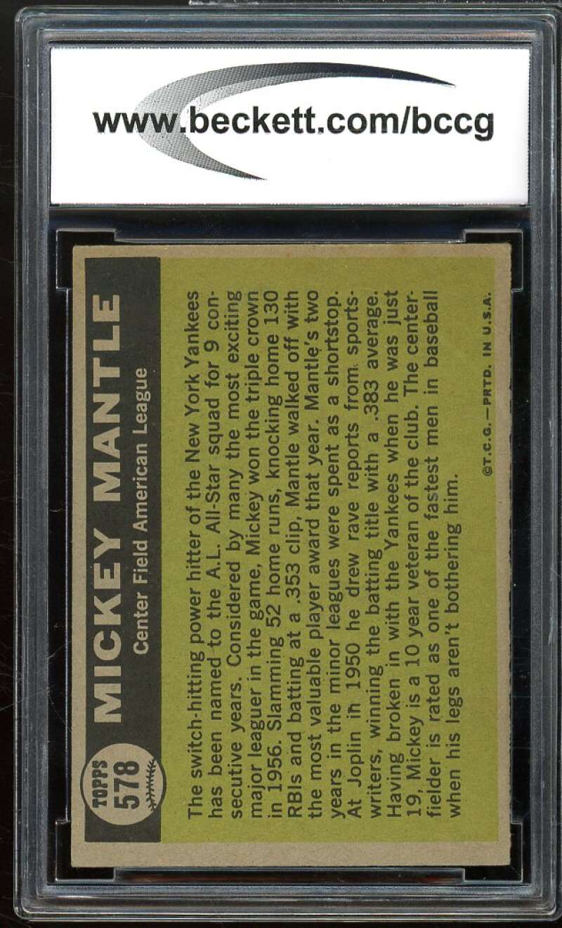 1961 Topps #578 Mickey Mantle All Star Card BGS BCCG 8 Excellent+ Image 2