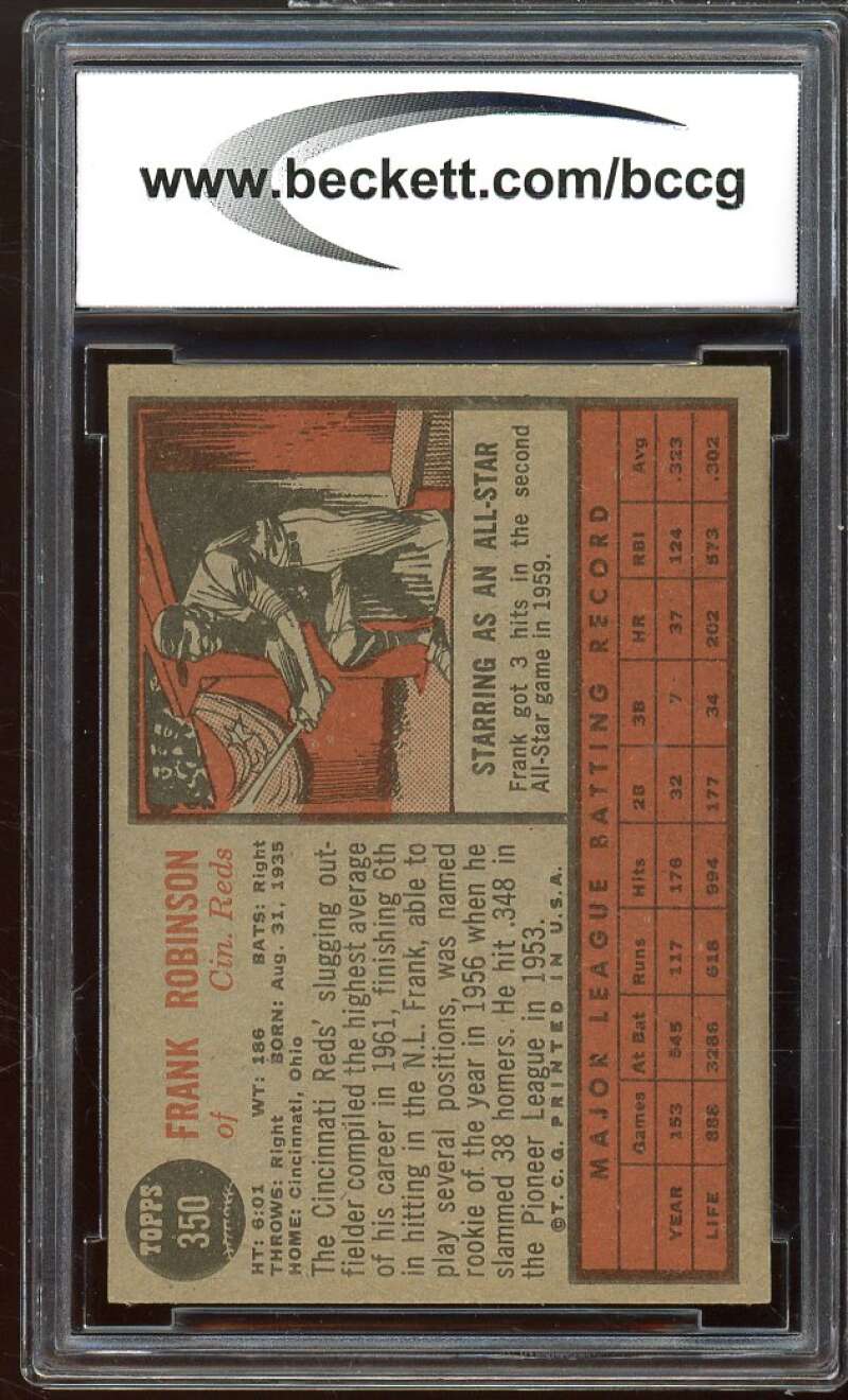 1962 Topps #350 Frank Robinson Card BGS BCCG 8 Excellent+ Image 2