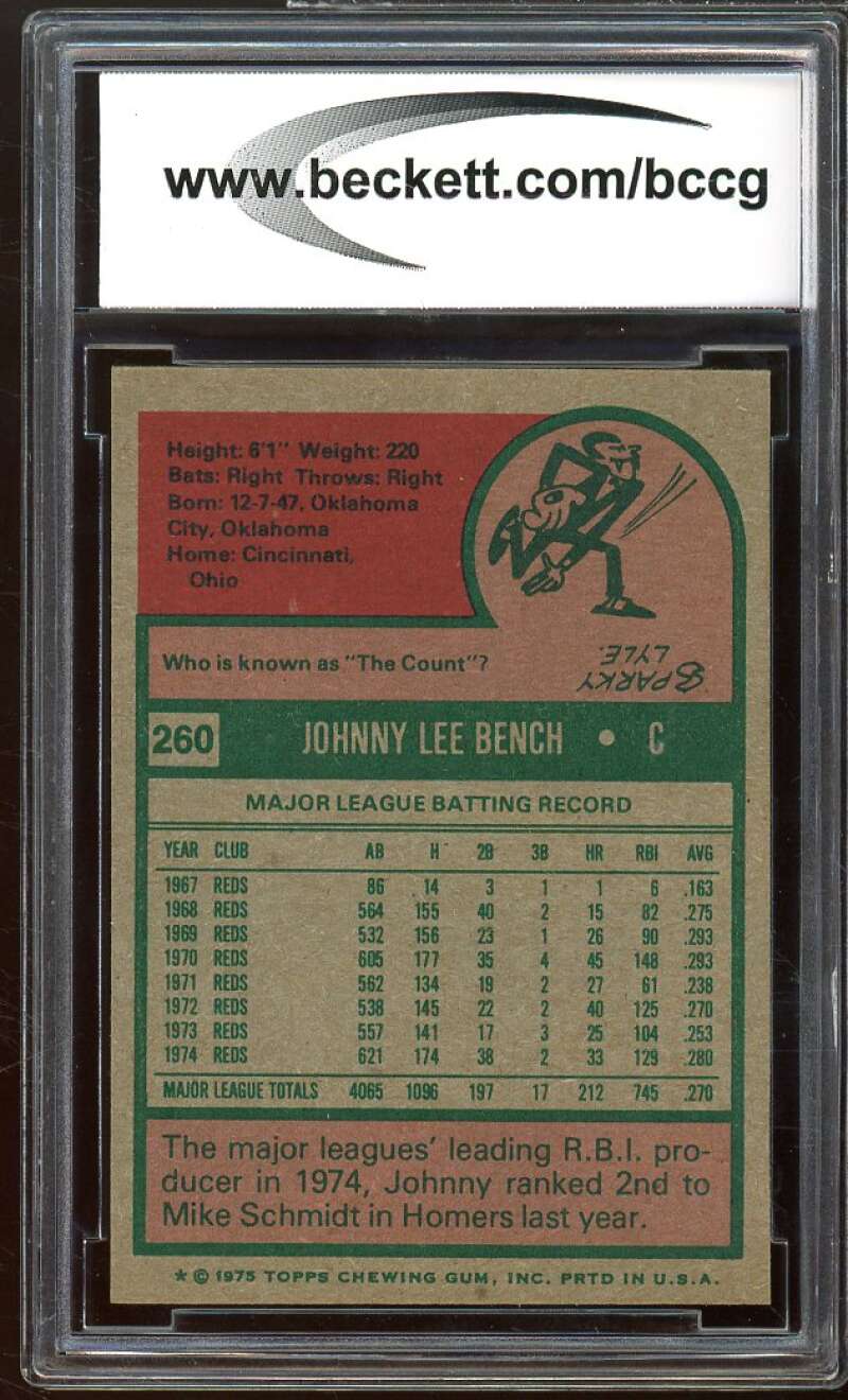 1975 Topps #260 Johnny Bench Card BGS BCCG 9 Mint+ Image 2