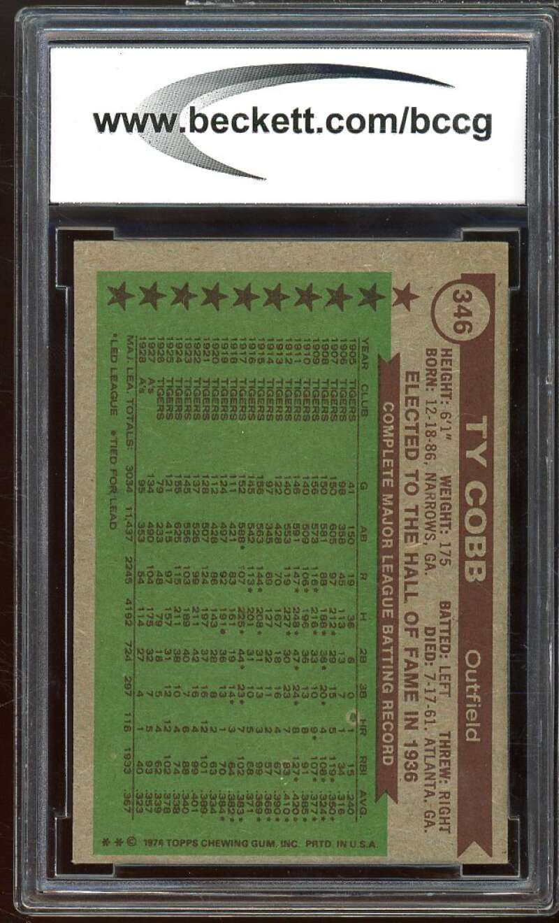 1976 Topps #346 Ty Cobb All Time Greats Card BGS BCCG 8 Excellent+ Image 2