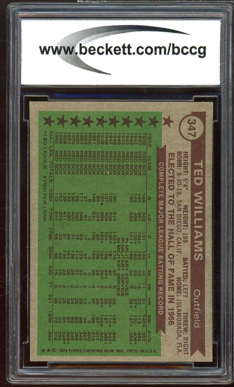 1976 Topps #347 Ted Williams All time Greats Card BGS BCCG 9 Near Mint+ Image 2