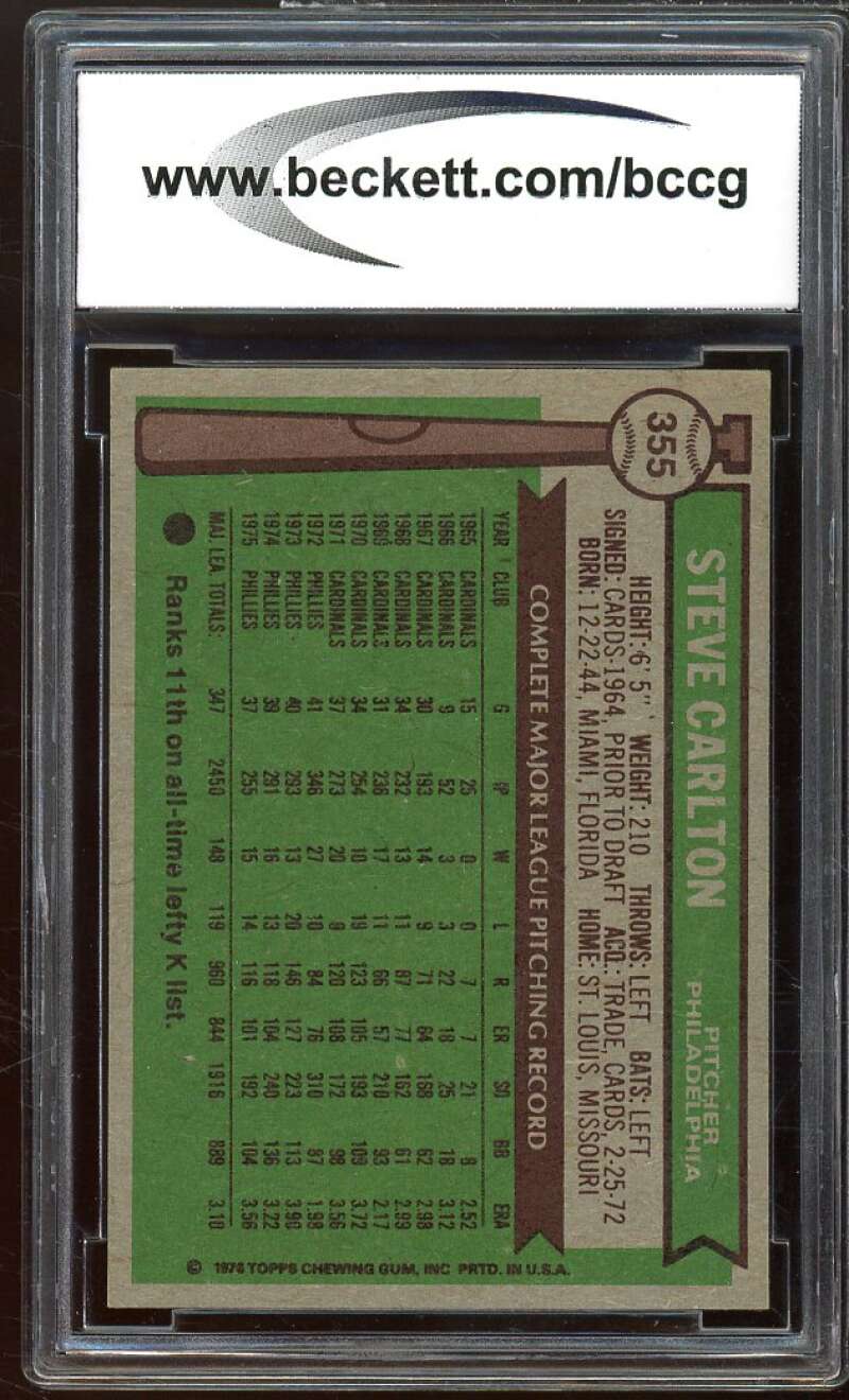 1976 Topps #355 Steve Carlton Card BGS BCCG 9 Near Mint+ Image 2