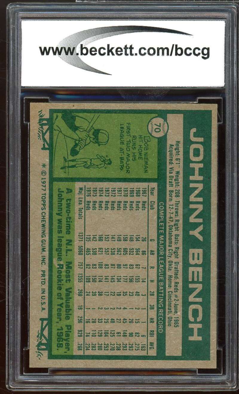 1977 Topps #70 Johnny Bench Card BGS BCCG 8 Excellent+ Image 2