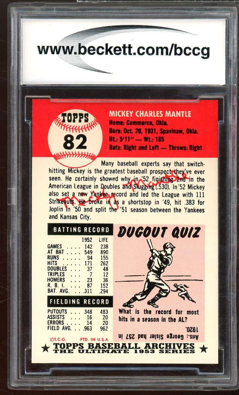 1991 Topps Archives 1953 #82 Mickey Mantle Card BGS BCCG 10 Mint+ Image 2