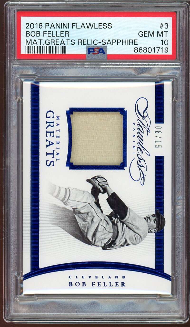 Bob Feller Card 2016 Panini Flawless Material Greats Relic Sapphire #3 PSA 10 Image 1