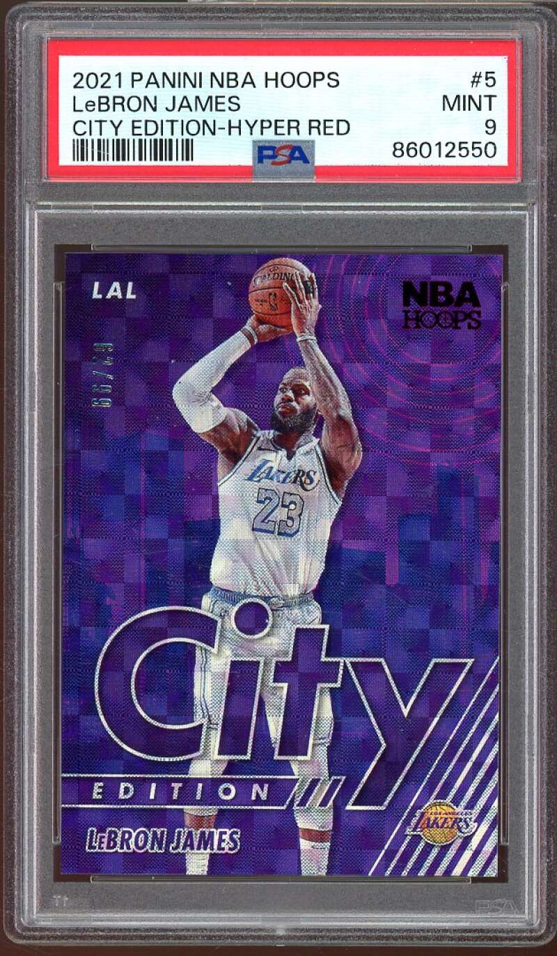 Lebron James Card 2021-22 Panini NBA Hoops City Edition Hyper Red #5 PSA 9 Image 1