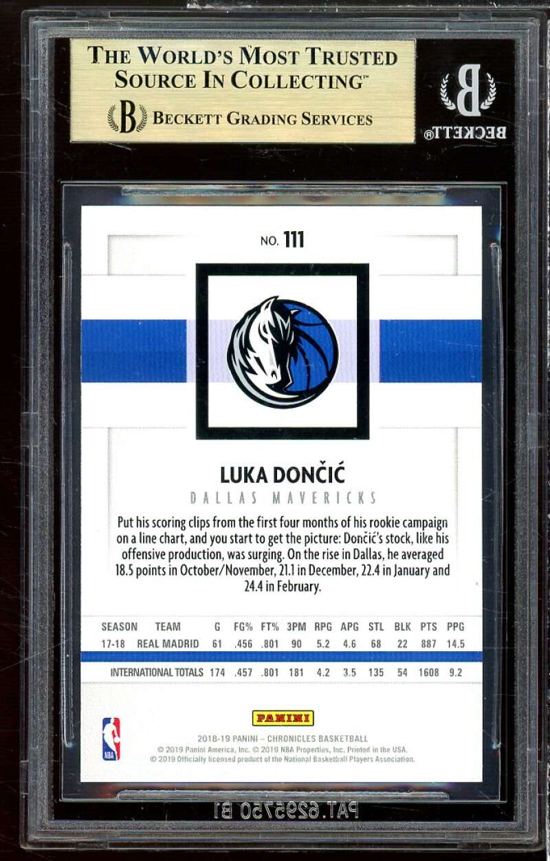 Luka Doncic Rookie Card 2018-19 Panini Chronicles #111 BGS 9.5 (9.5 9.5 9.5 9.5) Image 2