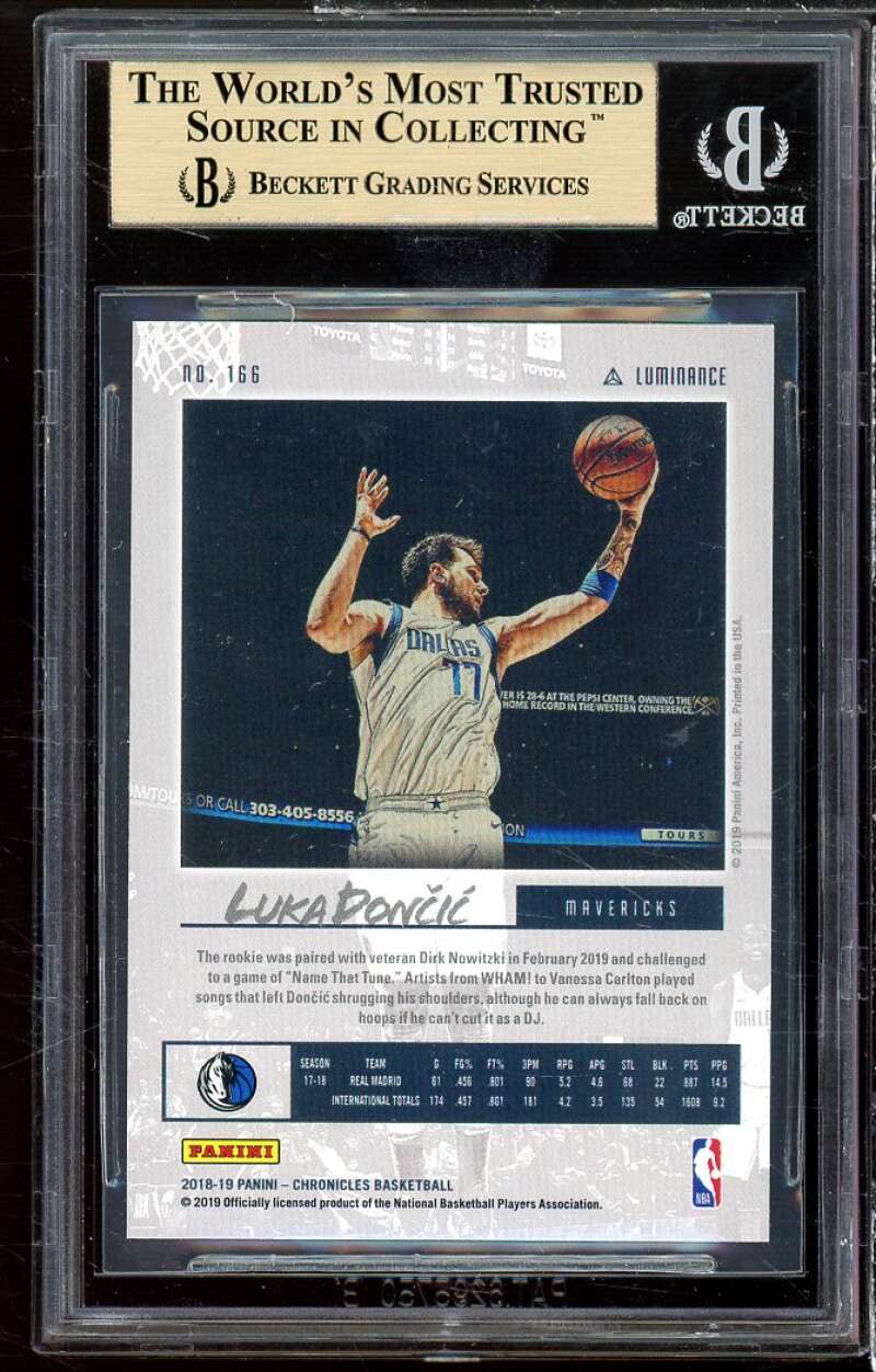 Luka Doncic Rookie Card 2018-19 Panini Chronicles Luminance #166 BGS 9.5 Image 2