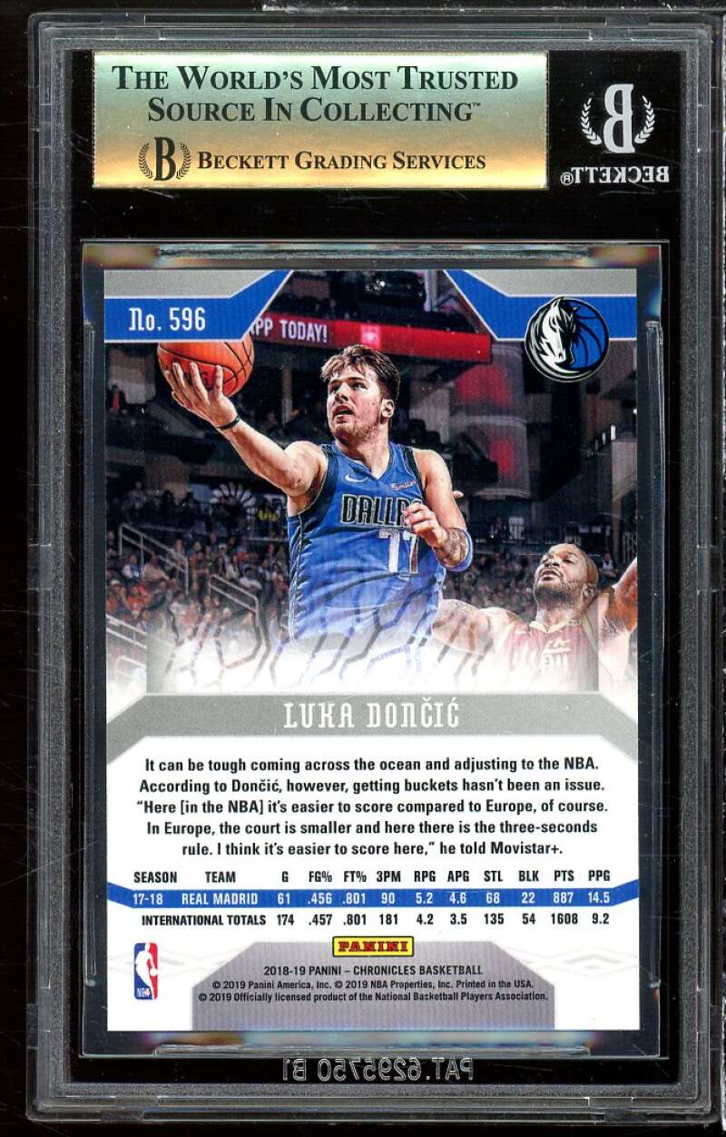 Luka Doncic Rookie Card 2018-19 Panini Chronicles Phoenix #596 BGS 9.5 Image 2