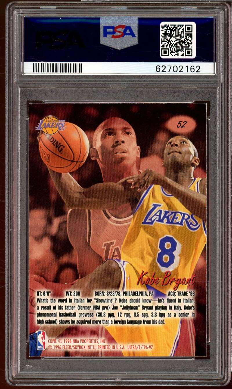 Kobe Bryant Rookie Card 1996-97 Ultra #52 PSA 9 Image 2