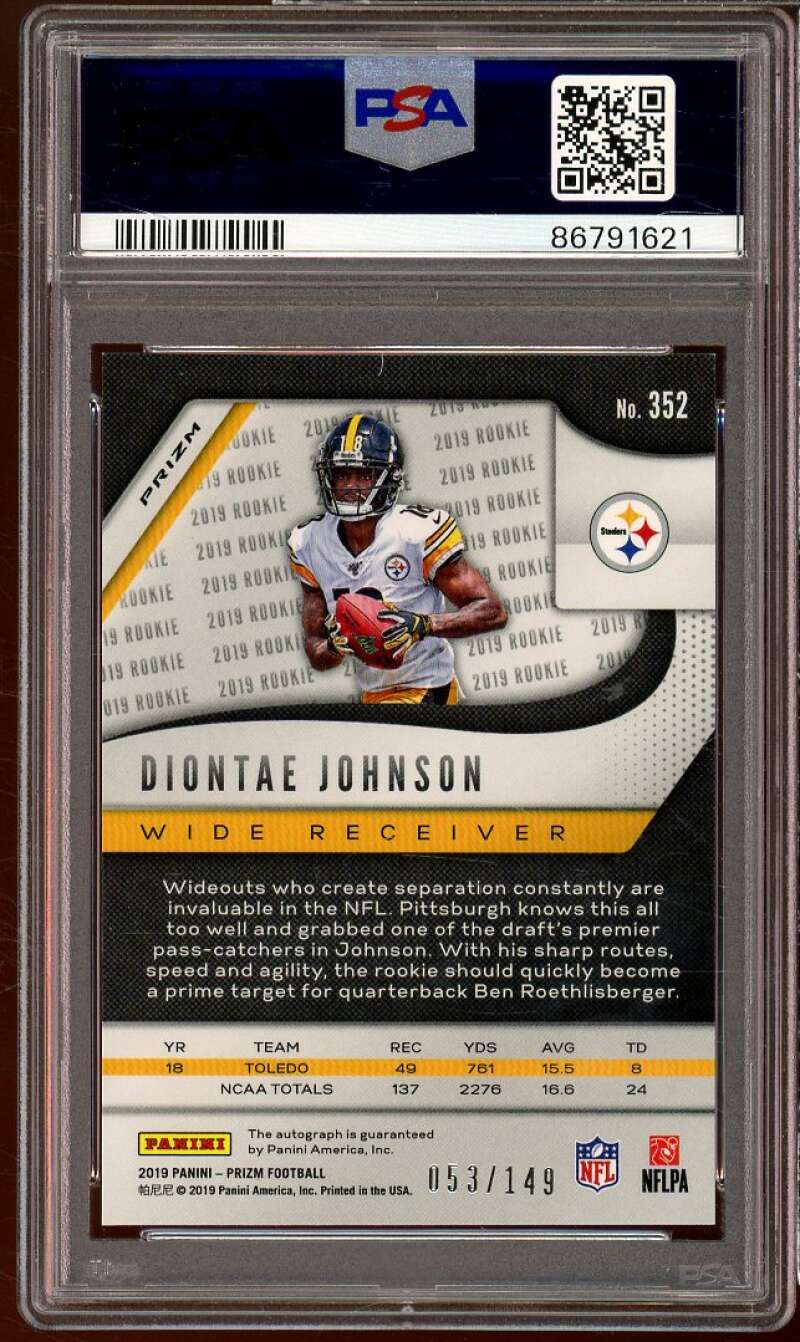 Diontae Johnson Rookie 2019 Panini Prizm Rookie Autographs Red Wave #352 PSA 9 Image 2