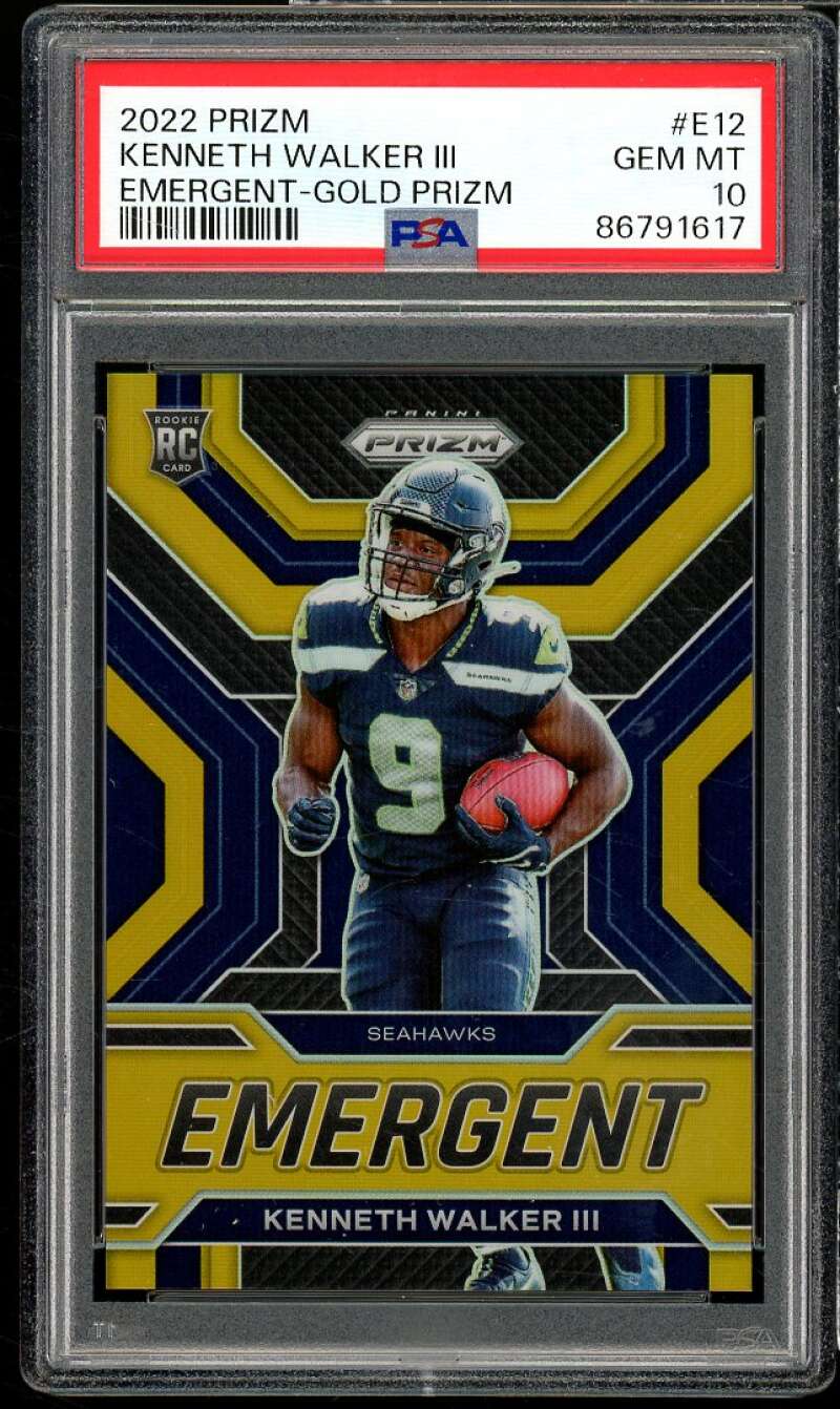 Kenneth Walker Rookie 2022 Prizm Emergent Gold Prizm #E12 (Ser #d 5/10) PSA 10 Image 1