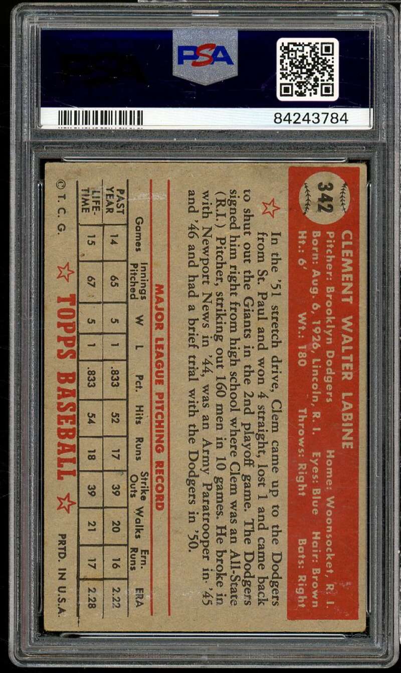 Clem Labine Rookie Card 1952 Topps #342 PSA 3.5 Image 2