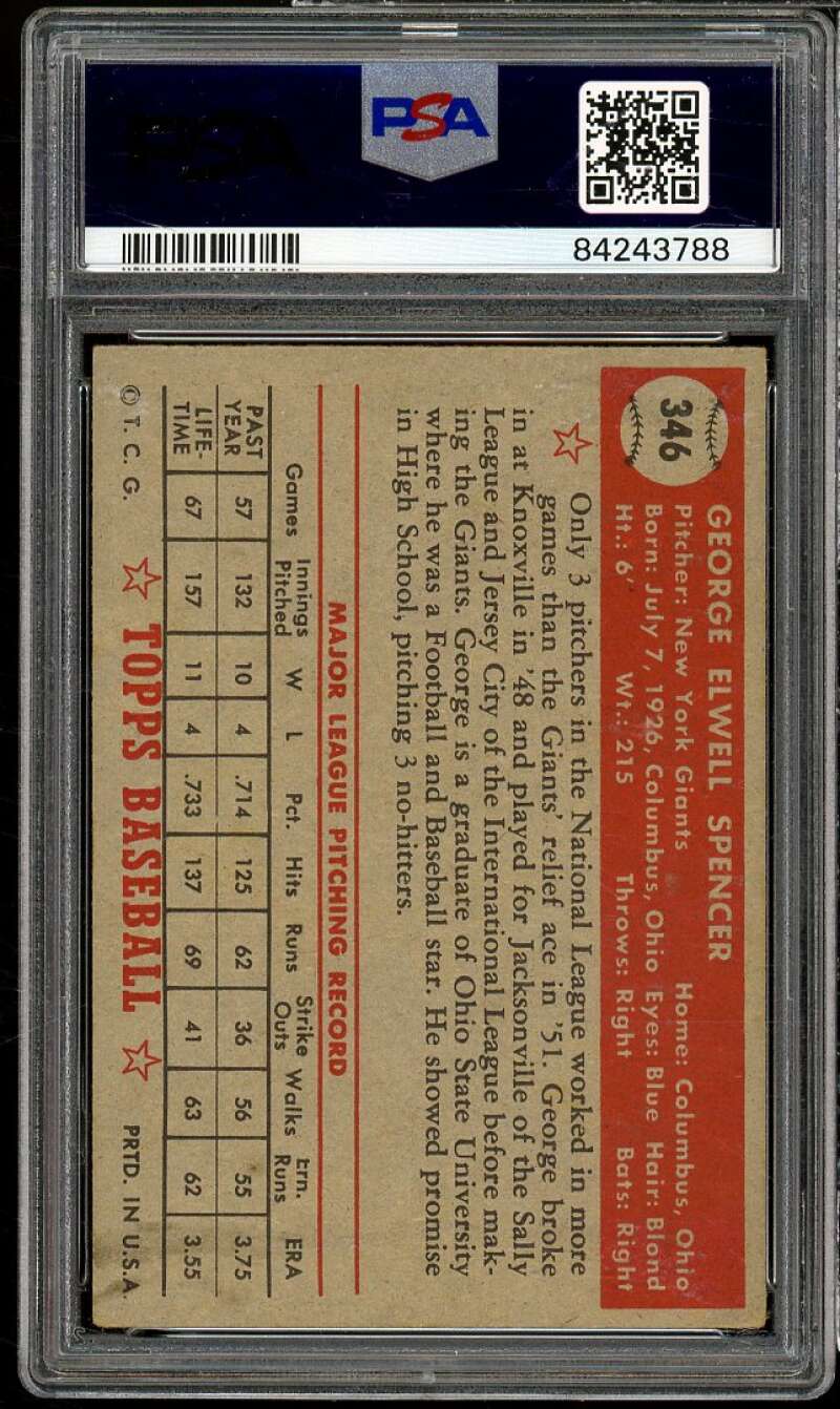 George Spencer Rookie Card 1952 Topps #346 PSA 4 Image 2