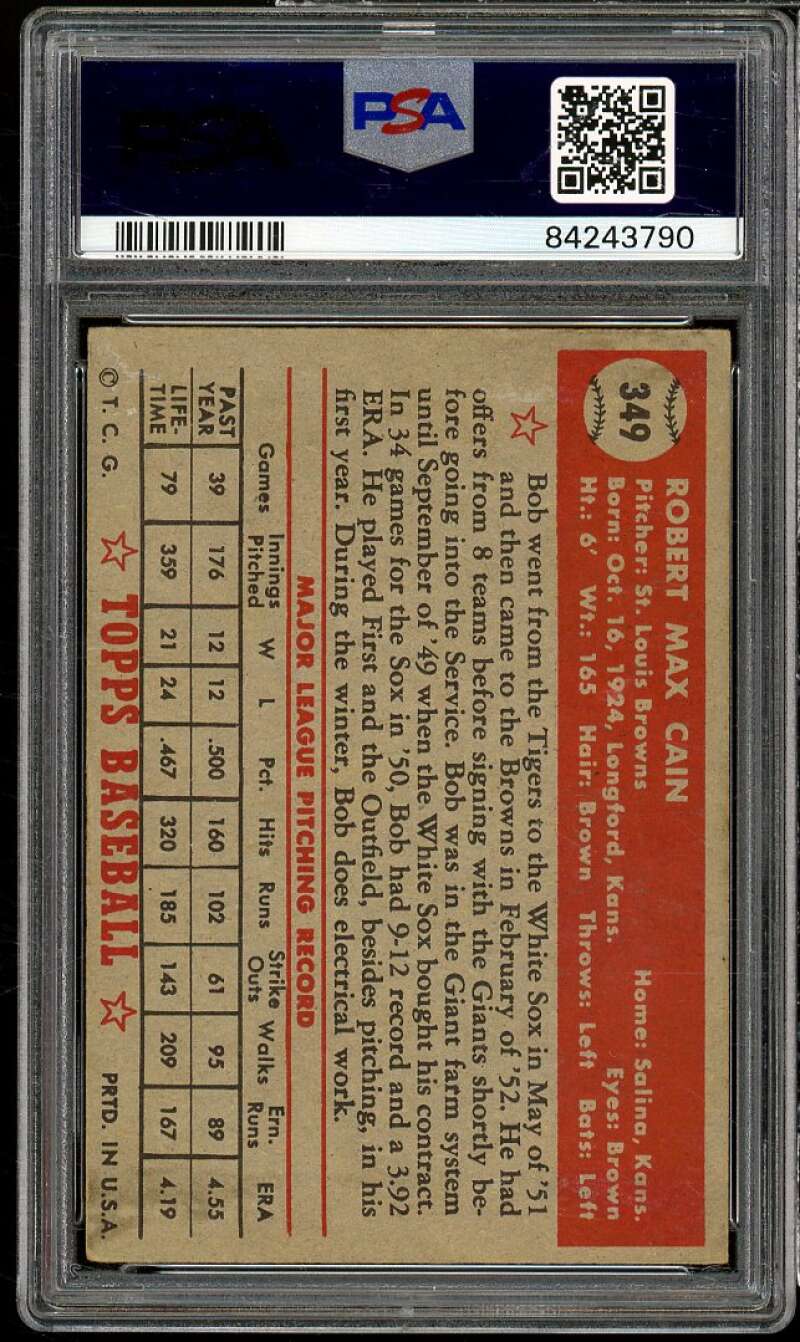 Bob Cain Card 1952 Topps #349 PSA 4 Image 2