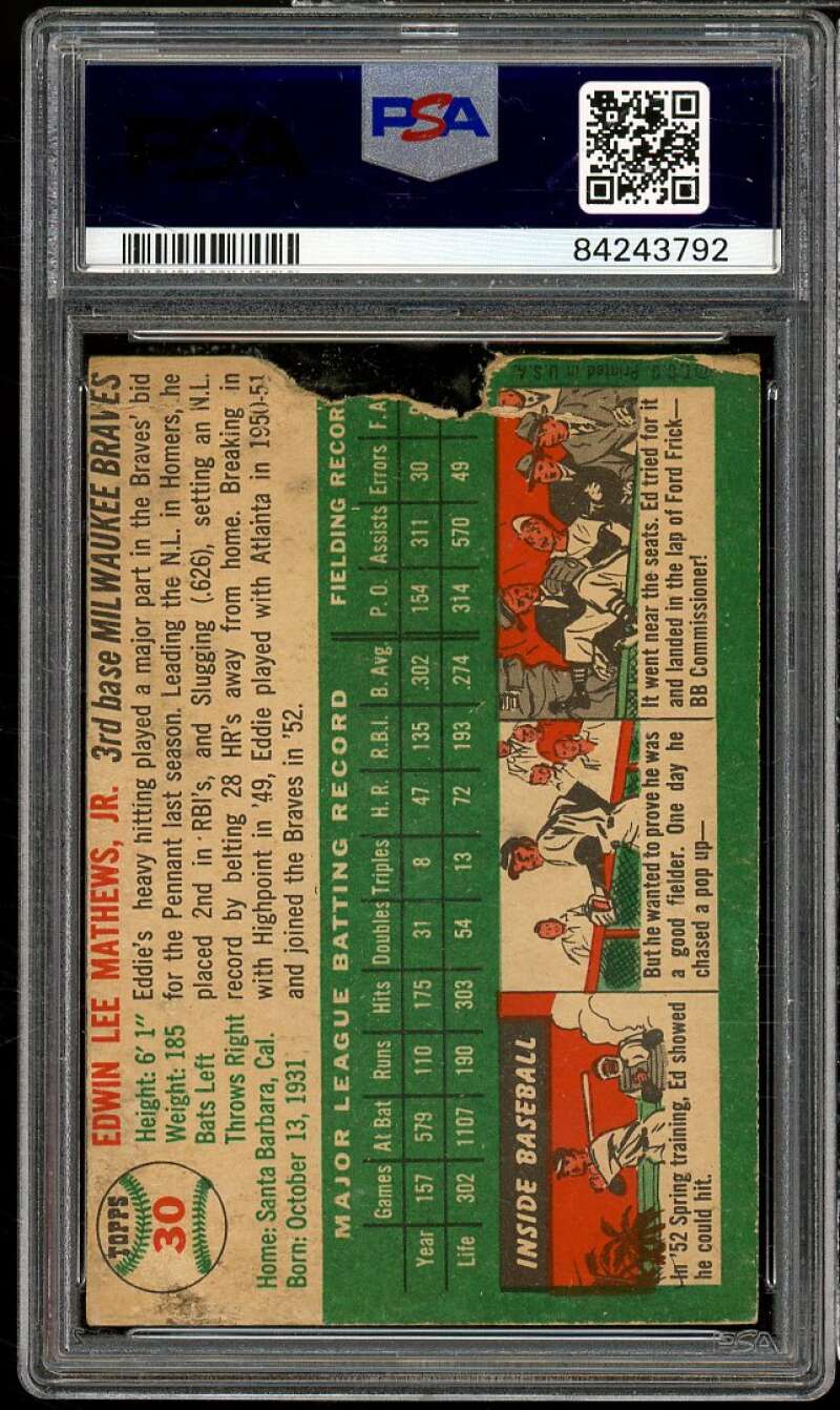 Ed Mathews Card 1954 Topps #30 PSA Authentic Image 2