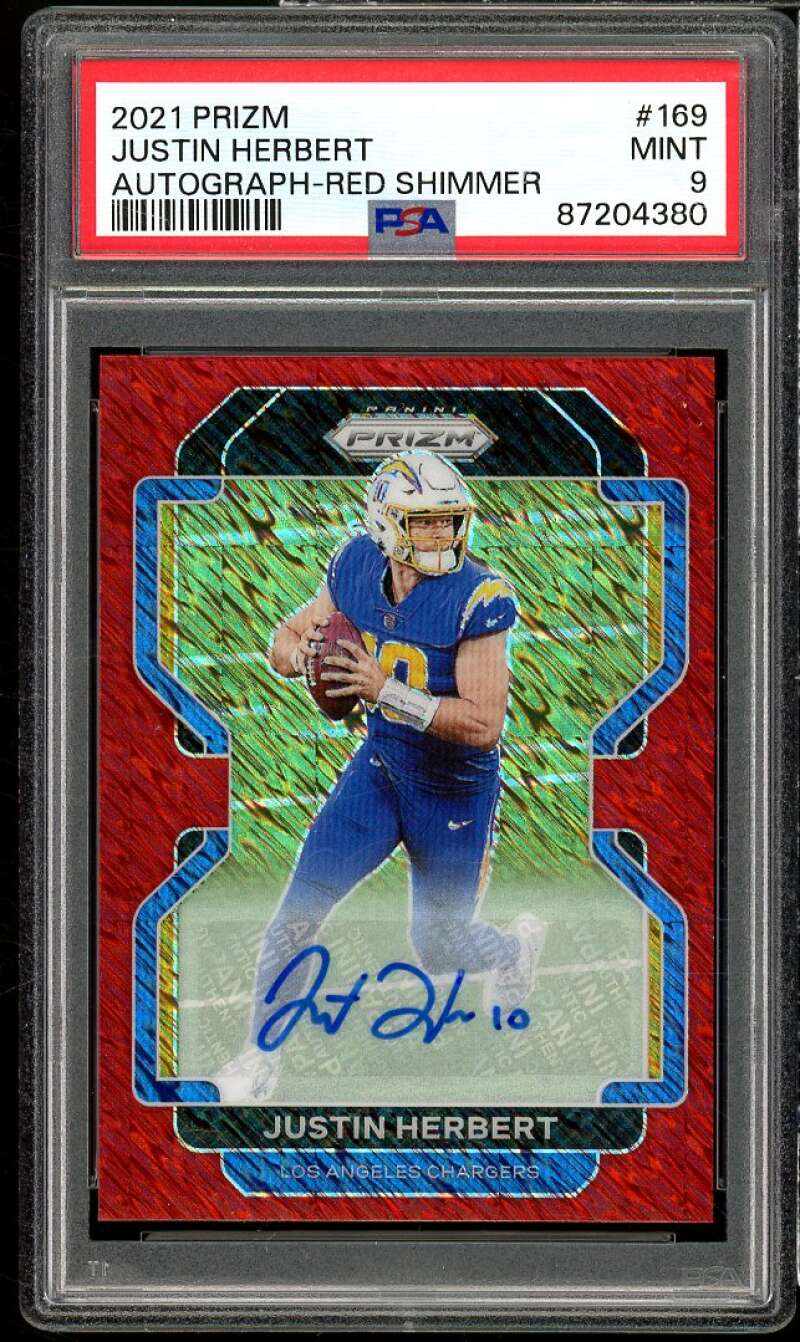 Justin Herbert 2021 Prizm Autograph Red Shimmer #169 (Ser #d 4/10) (pop 2) PSA 9 Image 1