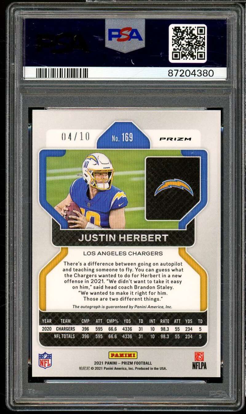 Justin Herbert 2021 Prizm Autograph Red Shimmer #169 (Ser #d 4/10) (pop 2) PSA 9 Image 2