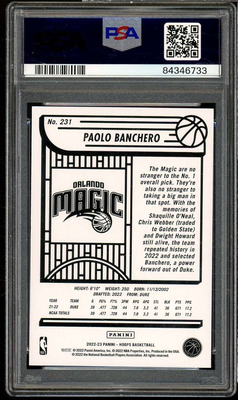 Paolo Banchero Rookie Card 2022-23 Panini NBA Hoops #231 PSA 8 Image 2