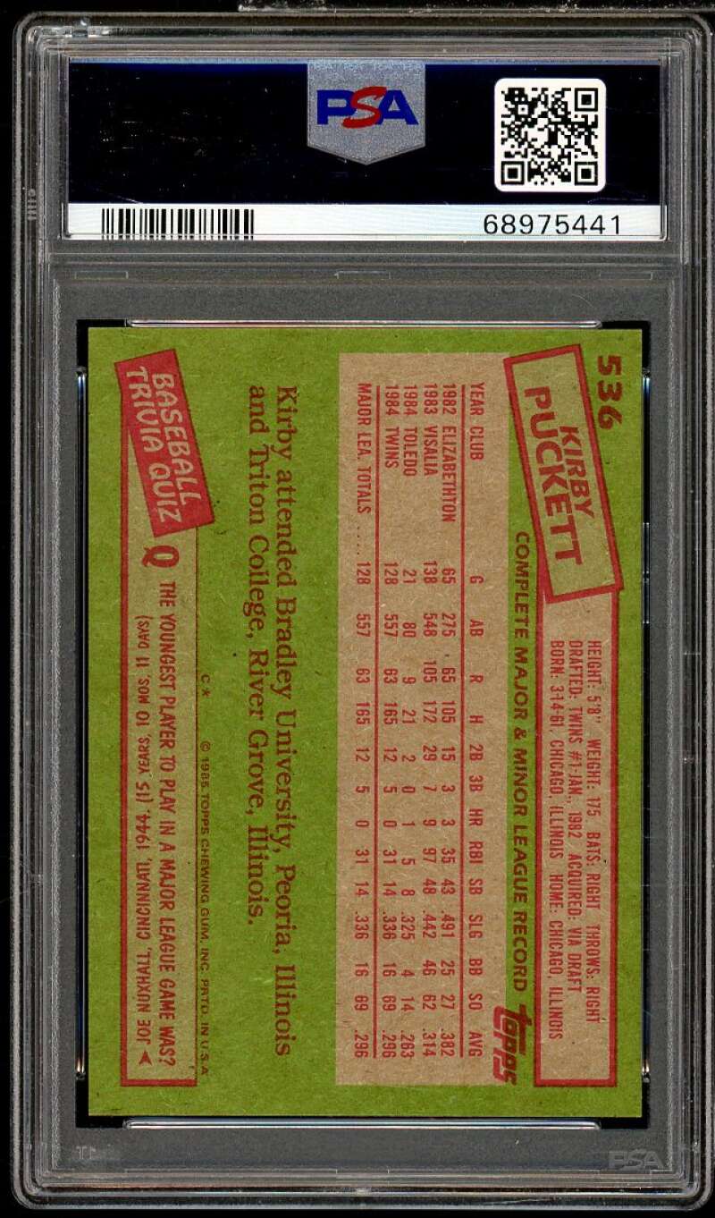 Kirby Puckett Rookie Card 1985 Topps #536 PSA 9 Image 2