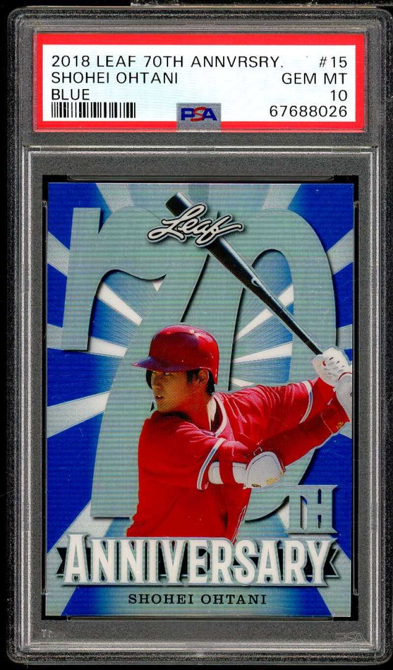 Shohei Ohtani Rookie 2018 Leaf 70th Anniversary Blue (Serial # 36/50) #15 PSA 10 Image 1