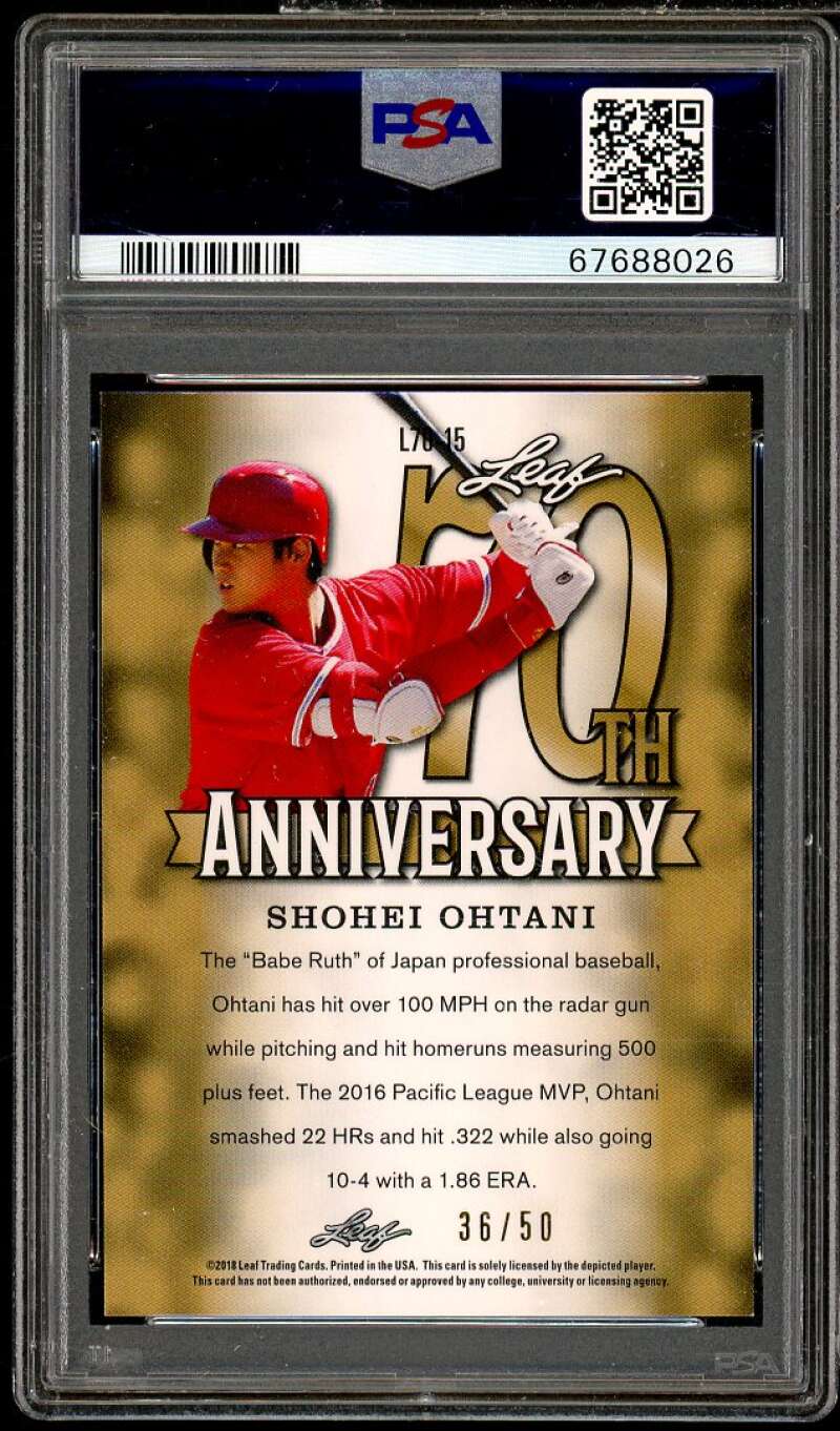 Shohei Ohtani Rookie 2018 Leaf 70th Anniversary Blue (Serial # 36/50) #15 PSA 10 Image 2