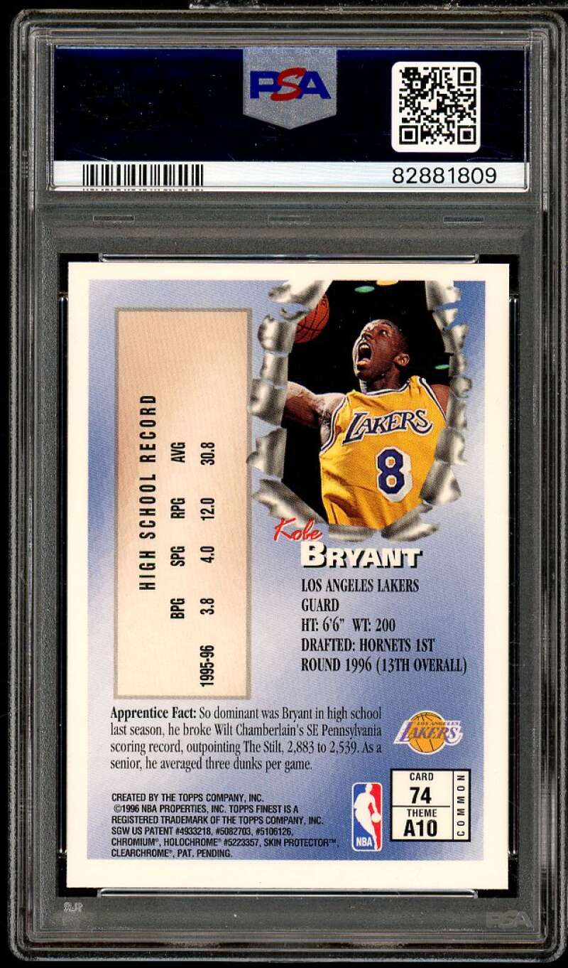 Kobe Bryant Rookie Card 1996-97 Finest #74 PSA 9 Image 2