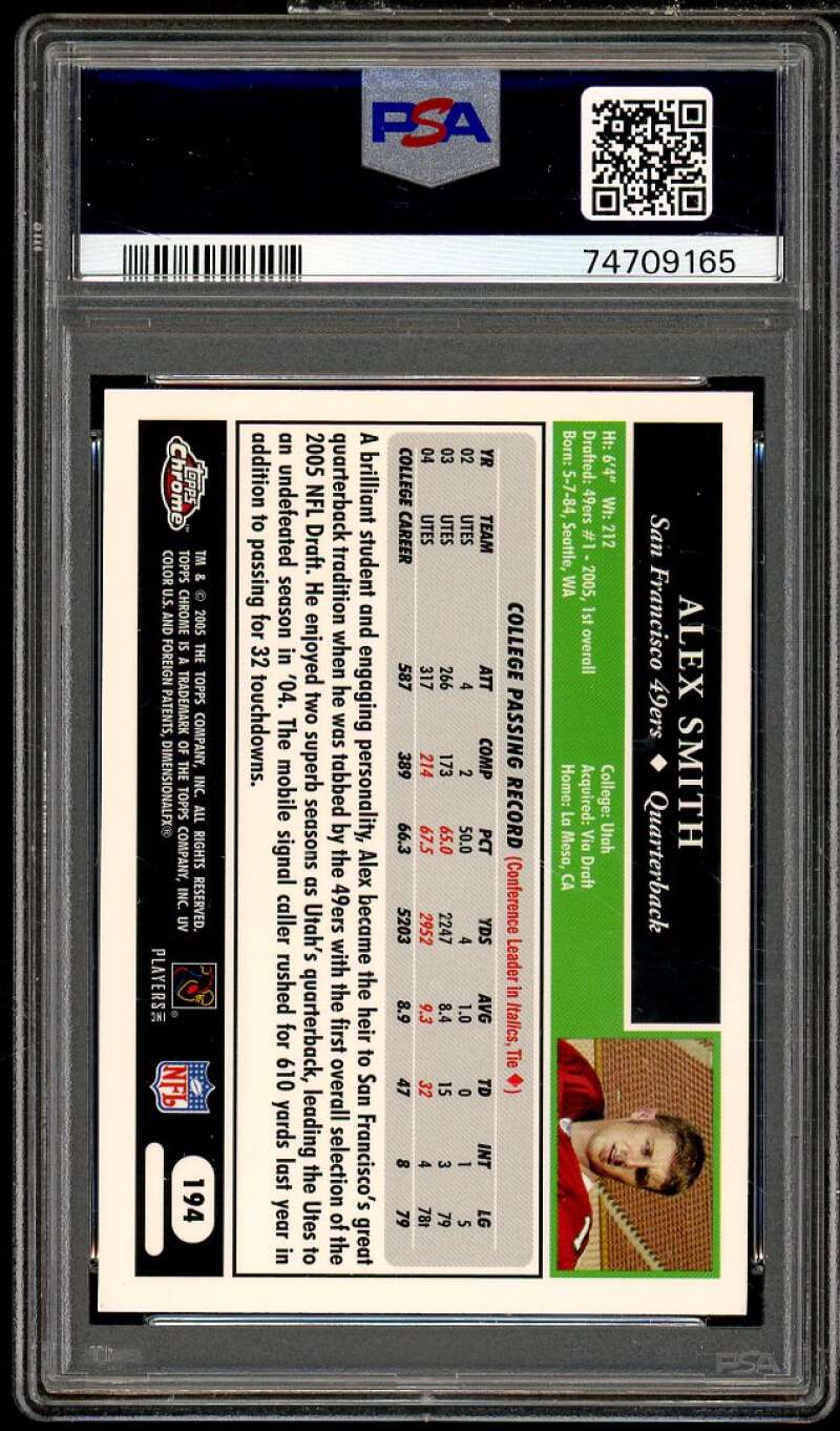 Alex Smith Rookie Card 2005 Topps Chrome #194 PSA 10 Image 2