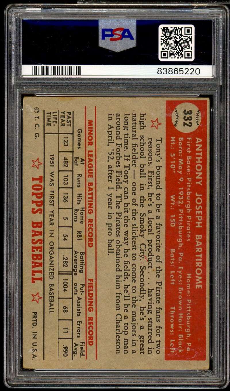 Tony Bartirome Rookie Card 1952 Topps #332 PSA 3.5 Image 2