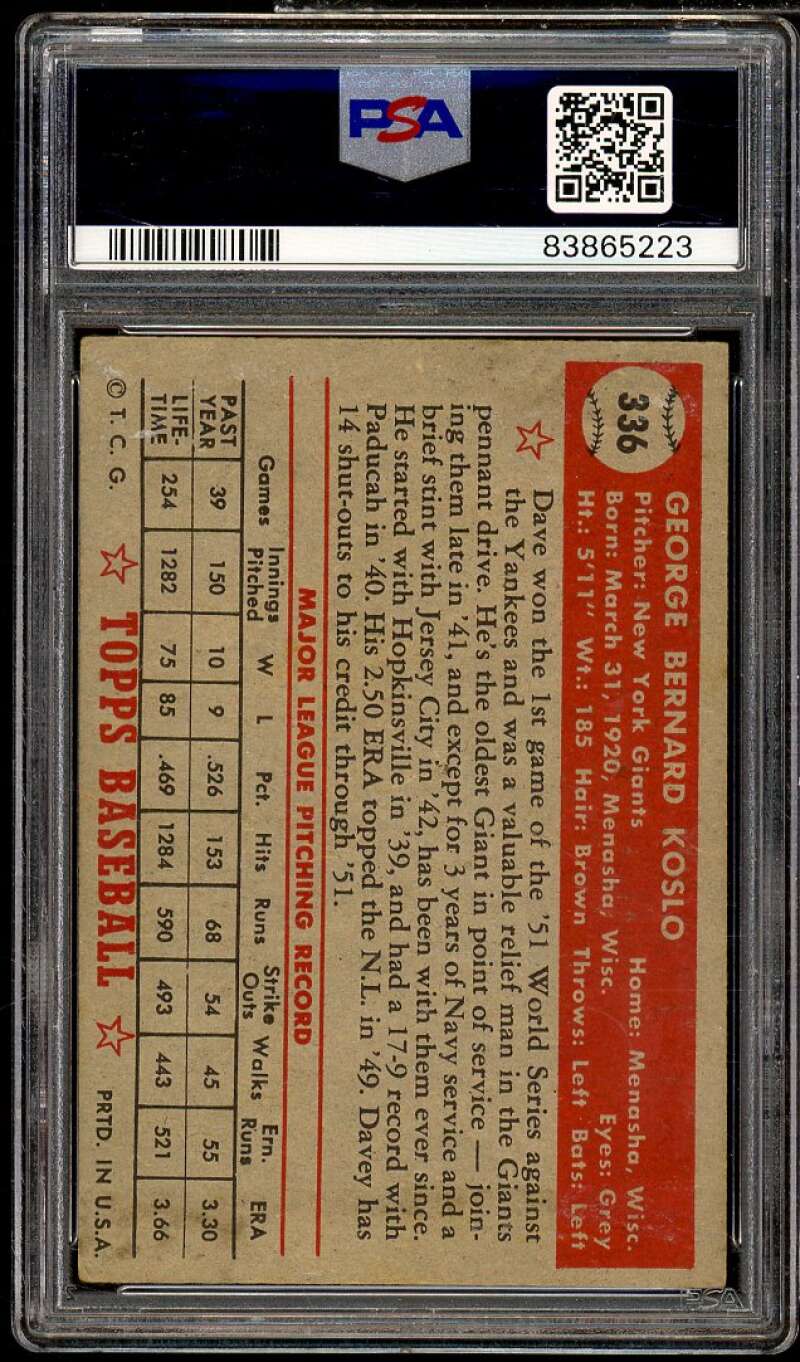 Dave Koslo Card 1952 Topps #336 PSA 4 Image 2