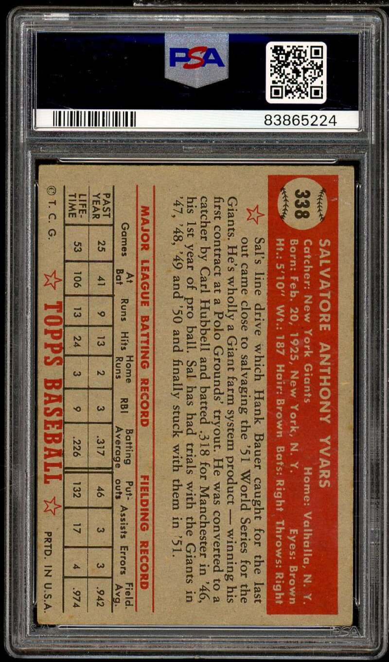 Sal Yvars Rookie Card 1952 Topps #338 PSA 4 Image 2