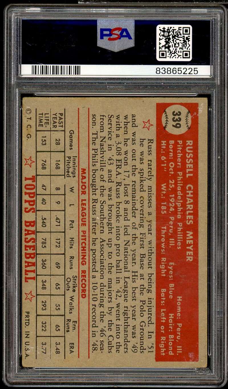 Russ Meyer Card 1952 Topps #339 PSA 3 Image 2