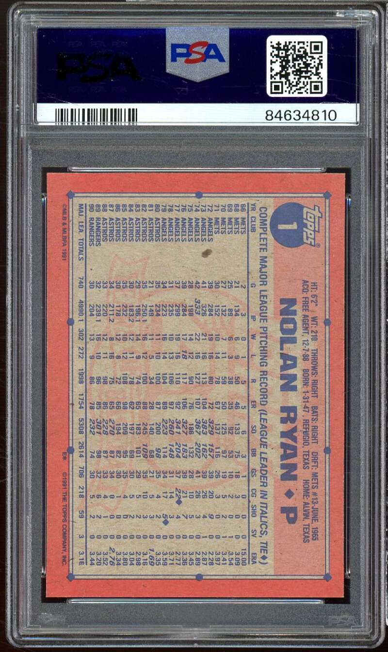 Nolan Ryan Card 1991 Topps #1 PSA 9 Image 2