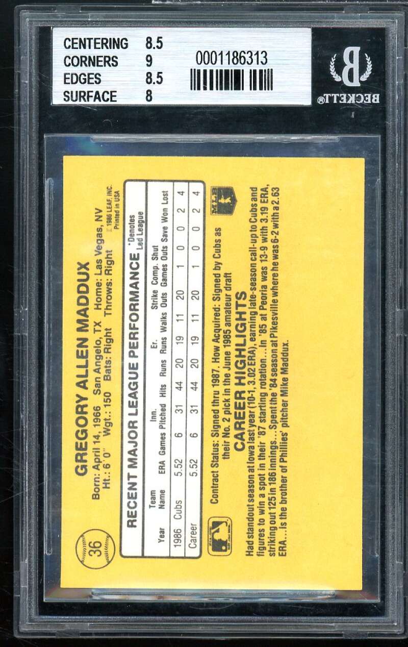 Greg Maddux Rookie Card 1987 Donruss #36 BGS 8.5 (8.5 9 8.5 8) Image 2