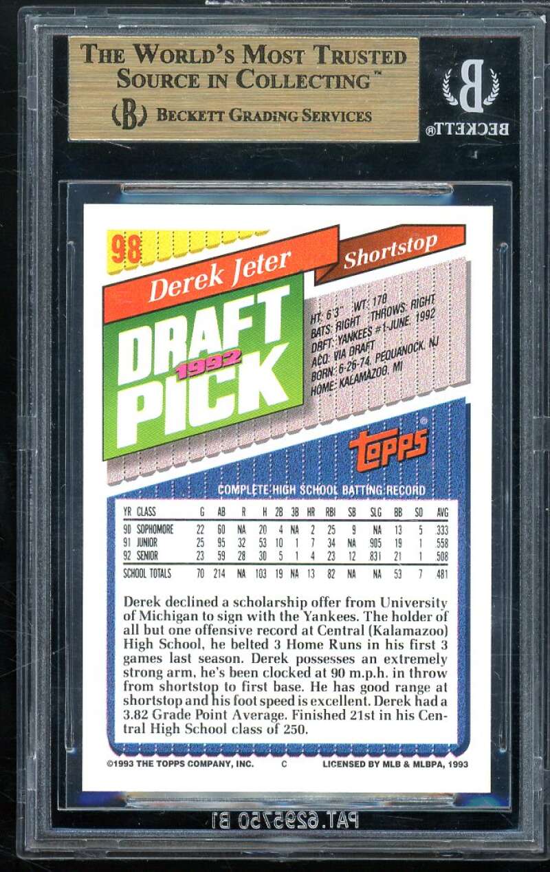 Derek Jeter Rookie Card 1993 Topps #98 BGS 9.5 (9 9.5 9.5 9.5) Image 2