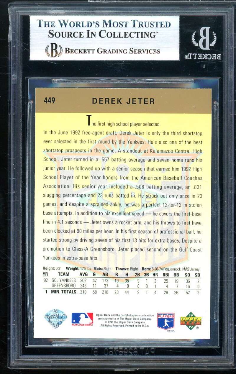 Derek Jeter Rookie Card 1993 Upper Deck #449 BGS 8.5 (9 8.5 8 9) Image 2