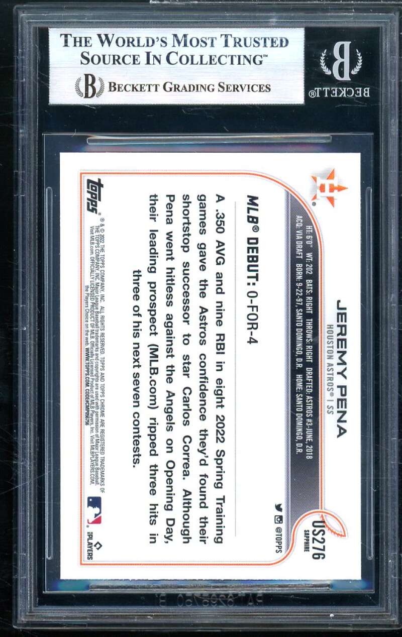 Jeremy Pena Rookie 2022 Topps Chrome Update Sapphire Edition #276 BGS 8.5 (read) Image 2