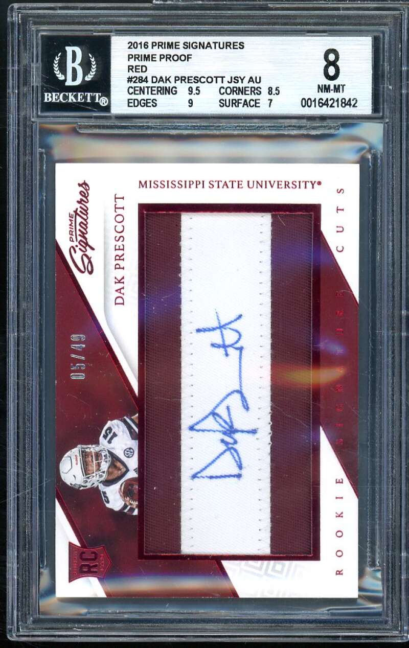 Dak Prescott Rookie Card 2016 Prime Signatures Prime Proof Red Jersey Auto BGS 8 Image 1