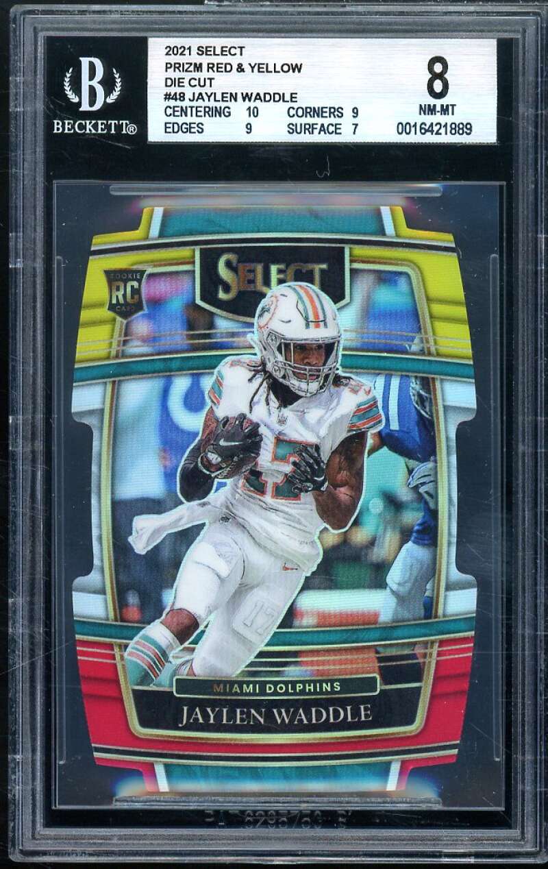 Jaylen Waddle Rookie Card 2021 Select Prizm Red Yellow Die-Cut #48 BGS 8 Image 1