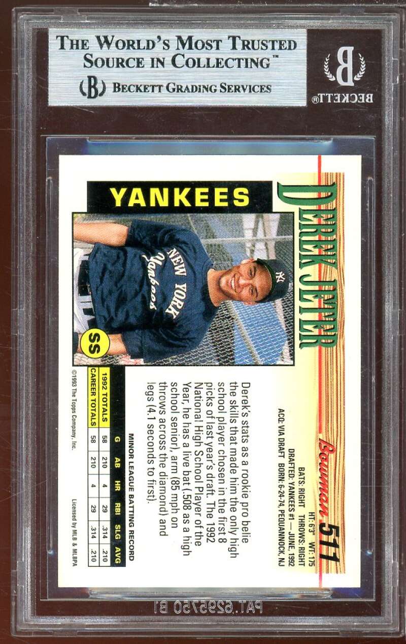 Derek Jeter Rookie Card 1993 Bowman #511 BGS 9 (8.5 9.5 9 9) Image 2