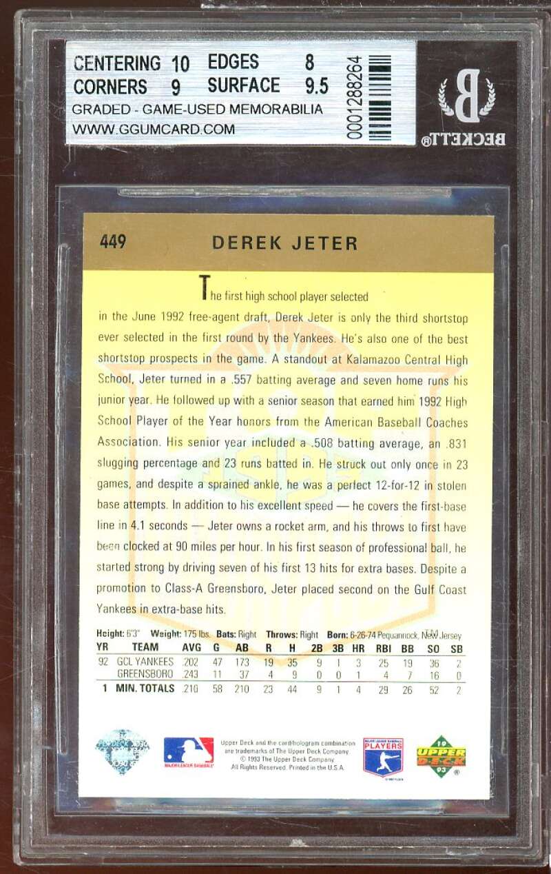 Derek Jeter Rookie 1993 Upper Deck Game Used Uniform #449 BGS 9 (holder scratch) Image 2