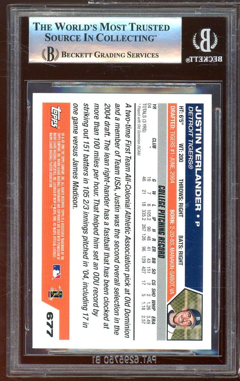 Justin Verlander Rookie Card 2005 Topps #677 BGS 9 Image 2