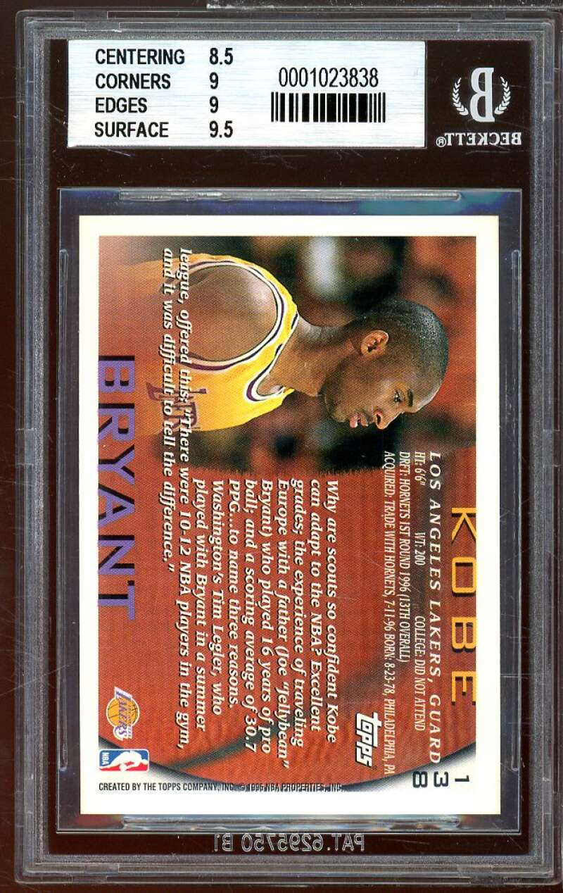 Kobe Bryant Rookie Card 1996-97 Topps #138 BGS 9 (8.5 9 9 9.5) Image 2