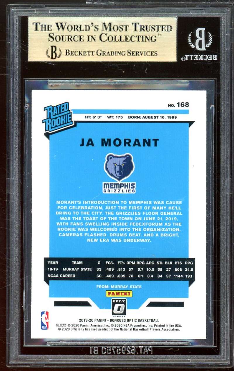 Ja Morant Rookie Card 2019-20 Donruss Optic #168 BGS 9.5 (9.5 9.5 9.5 9.5) Image 2