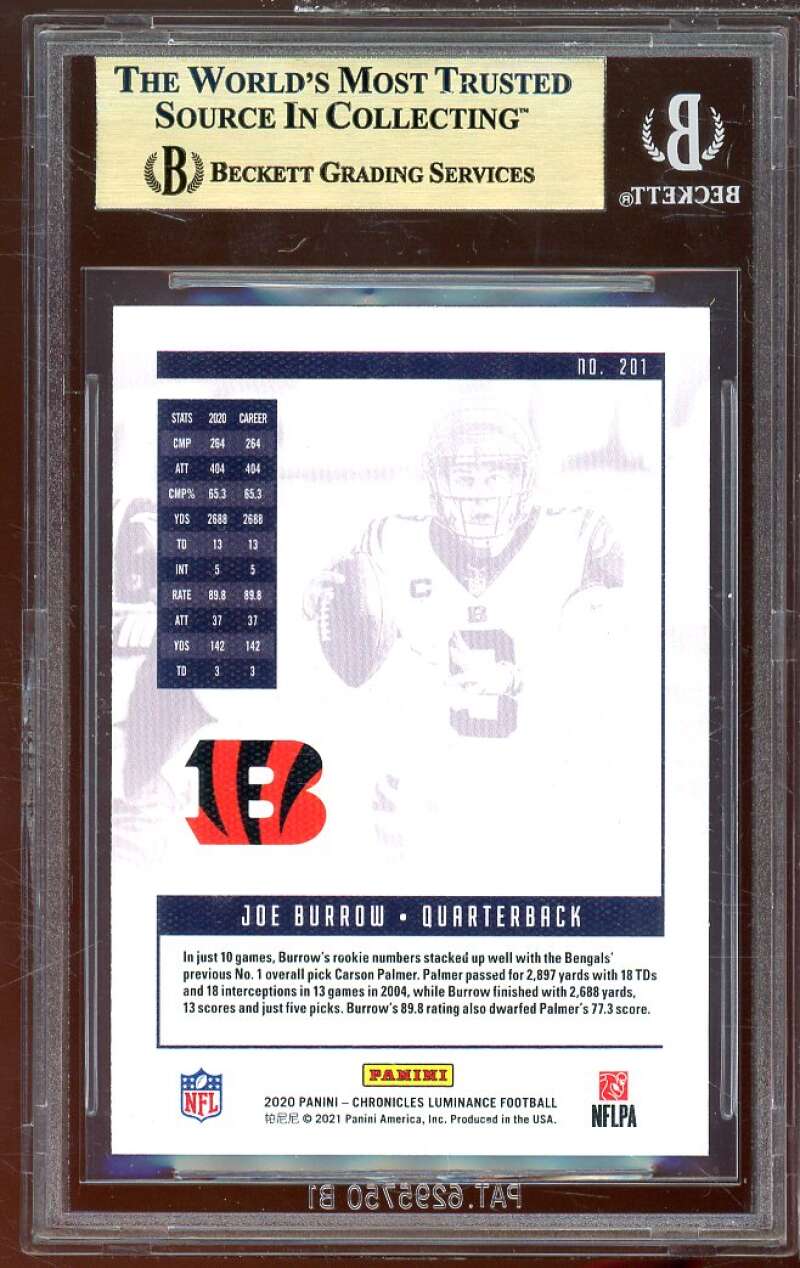 Joe Burrow Rookie Card 2020 Panini Luminance Chronicles #201 BGS 9.5 Image 2